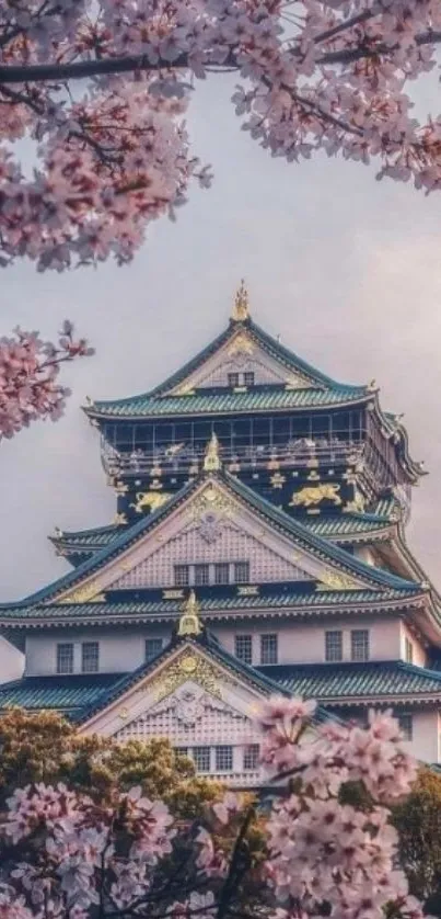 Japanese castle with cherry blossoms and serene sky.