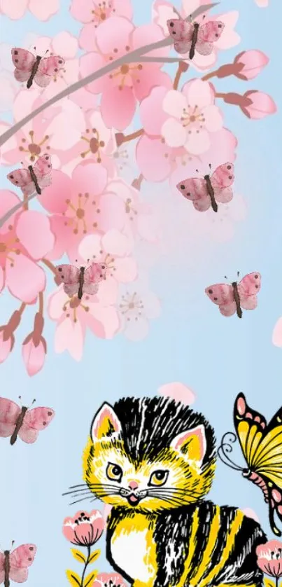 Cartoon cat with cherry blossoms and pink butterflies.