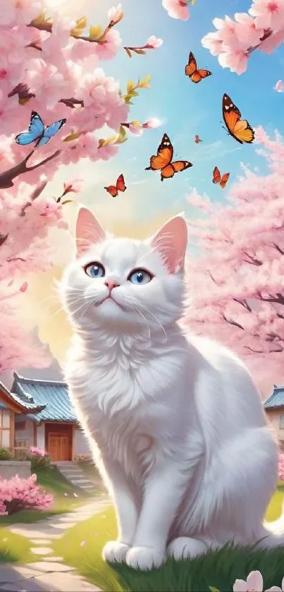 White cat under cherry blossoms with colorful butterflies.
