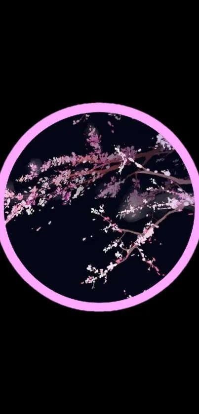 Cherry blossom art in circle with pink highlights on a dark background.