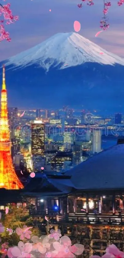 Scenic cityscape with cherry blossoms and mountain view.