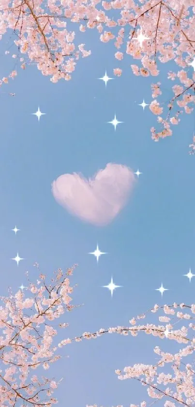 Cherry blossoms and heart-shaped cloud in blue sky wallpaper.