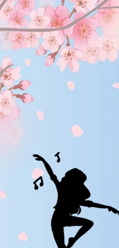 Silhouette dancing under cherry blossoms in a serene mobile wallpaper.