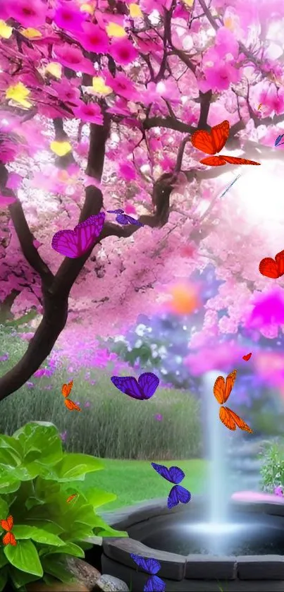 Cherry blossoms with butterflies in a serene garden setting.