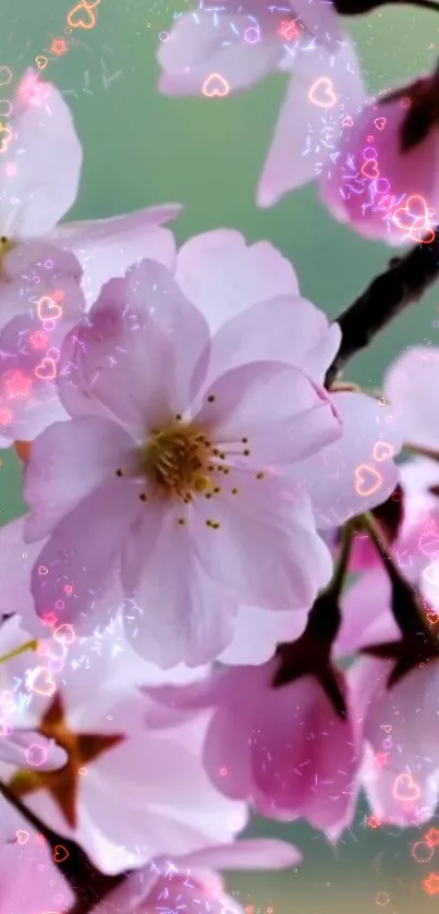 Pink cherry blossoms with heart accents on a green background.