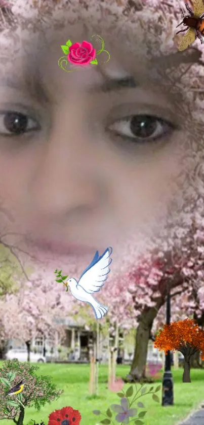 Face blended into cherry blossom landscape with artistic elements.