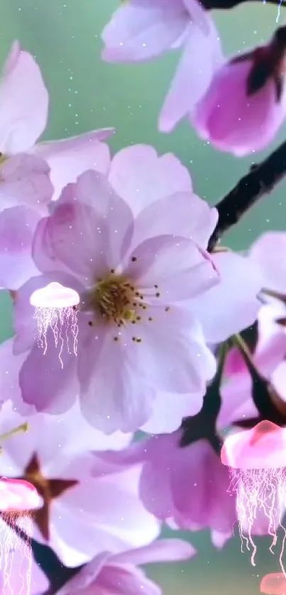 Cherry blossoms with jellyfish on a peaceful, pink-hued background.