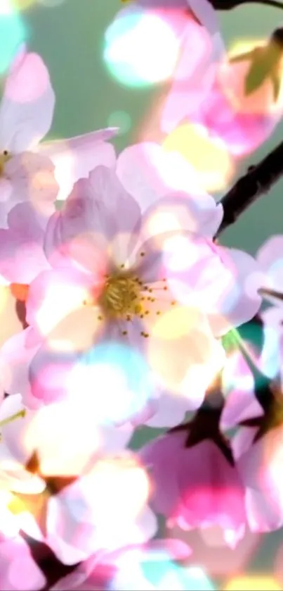 Dreamy cherry blossom wallpaper with pink flowers and bokeh lights.