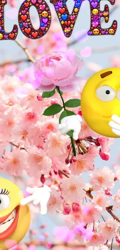 Cherry blossom with emojis and love text on a bright pink background.