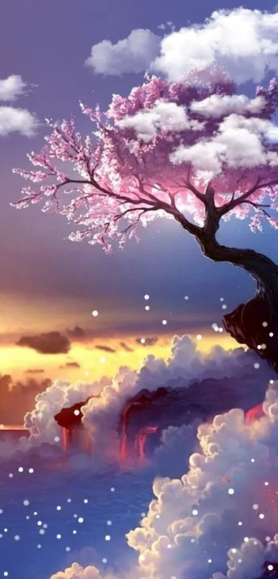 Fantasy cherry blossom tree on cliff with sunset.