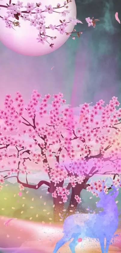 Fantasy cherry blossom scene with a mystical deer under a full moon.