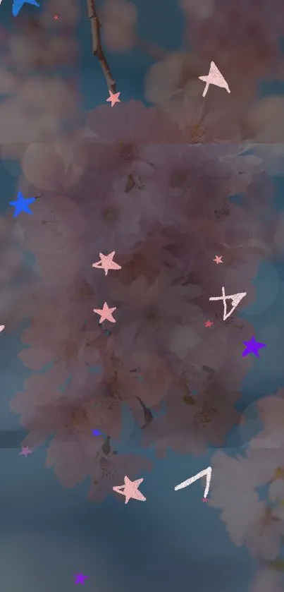 Cherry blossom wallpaper with pink petals and whimsical stars on a blue background.