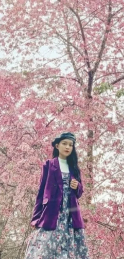 Stylish woman in floral attire with pink cherry blossoms in the background.