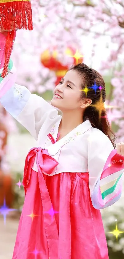 Woman in traditional dress during Cherry Blossom Festival with vibrant pink blossoms.