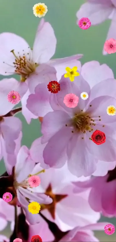 Cherry blossom wallpaper with pink and colorful flowers on a green background.