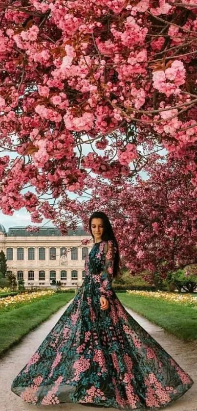 Woman in floral dress under cherry blossoms in a garden path.