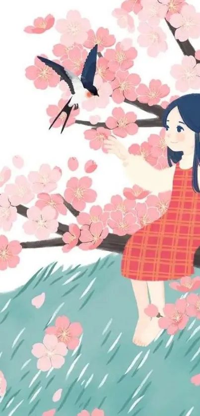 Girl in red dress with cherry blossoms and bird illustration.