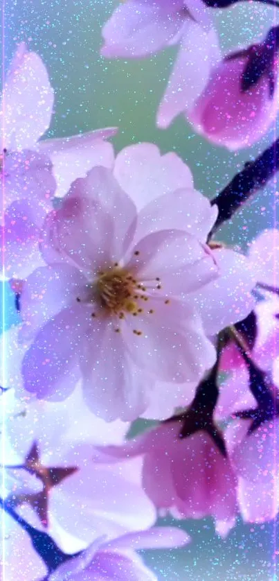 Pink cherry blossoms with glitter effect on mobile wallpaper.