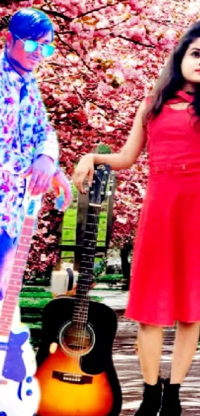 Vibrant cherry blossom scene with stylish duo and guitars.