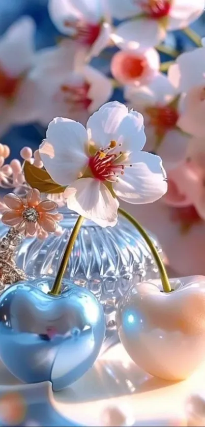 Cherry blossoms with heart decorations
