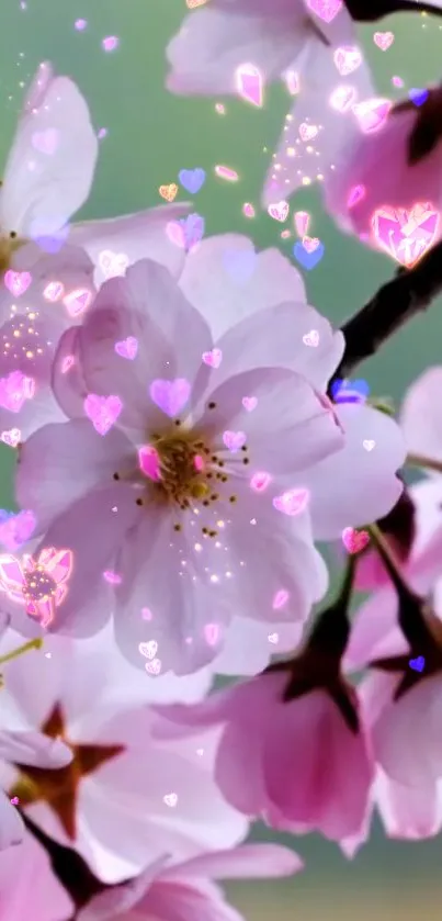 Cherry blossoms with glowing heart lights on branches.