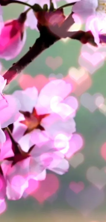 Cherry blossoms with heart-shaped bokeh on a soft pink background.