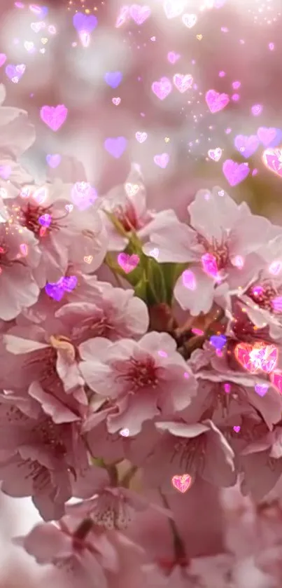 Cherry blossoms with glowing heart overlays on a pink background.