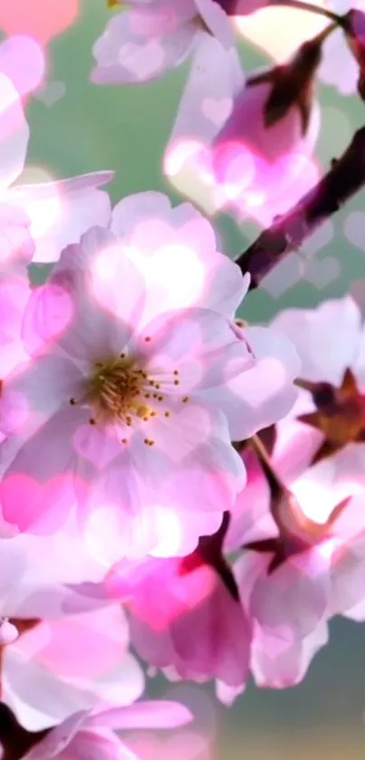 Pink cherry blossoms with heart-shaped bokeh effect, perfect for mobile wallpaper.