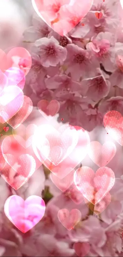 Cherry blossom wallpaper with heart overlays and pink hues.