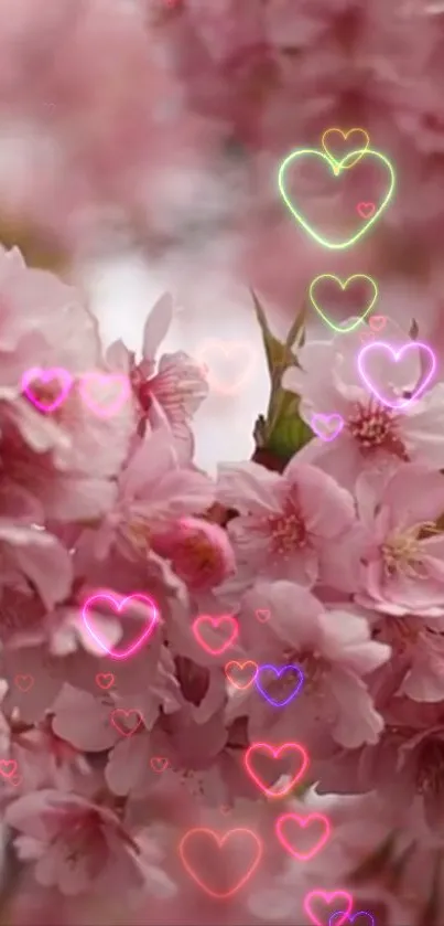 Cherry blossom wallpaper with heart designs.