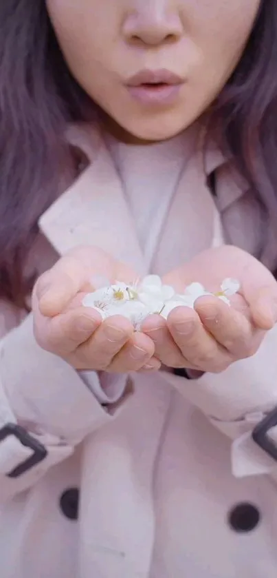 Woman holding cherry blossom petals in hands with soft pink tones.