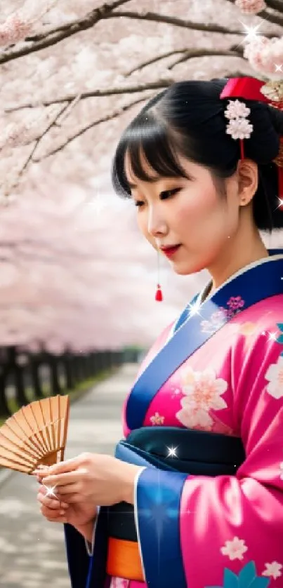 Woman in pink kimono under cherry blossoms.