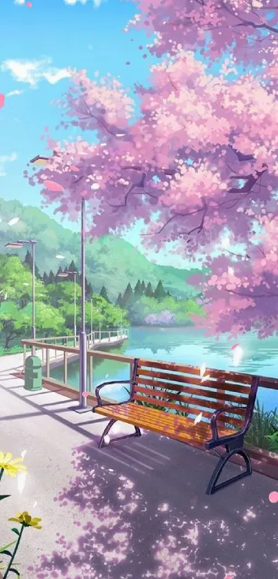 Mobile wallpaper of a peaceful lakeside with cherry blossoms and a bench under the sun.