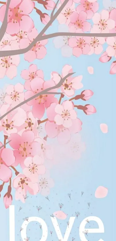 Cherry blossom branches with love text on blue background.