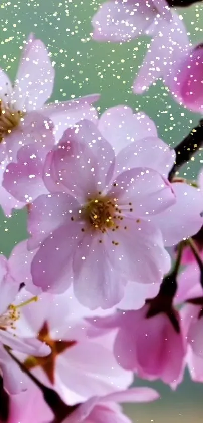 Soft pink cherry blossoms with snow effect on green background.