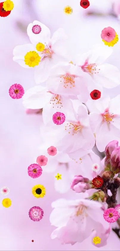 Delicate cherry blossom flowers on a branch against a soft pink backdrop.