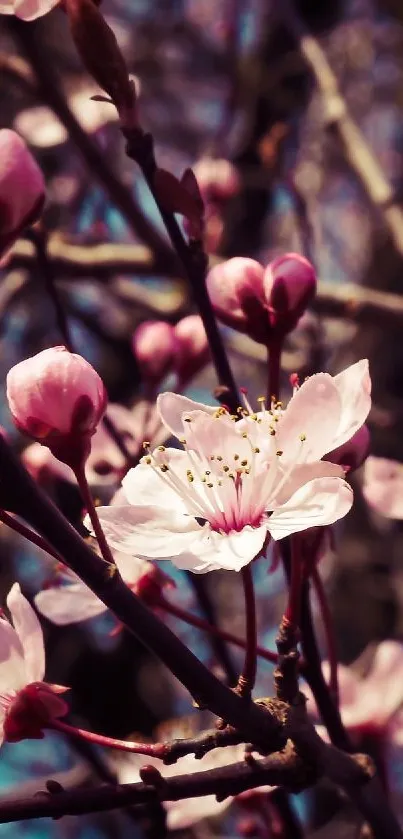 Cherry blossom mobile wallpaper with pink flowers and blue sky.