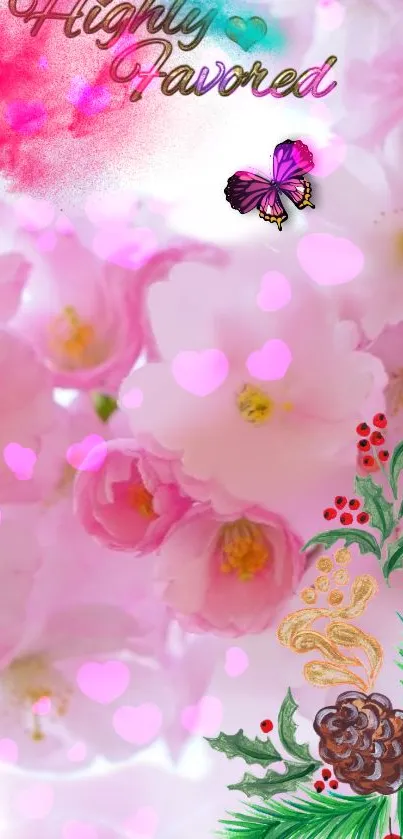Delicate pink cherry blossoms in full bloom on a mobile wallpaper.