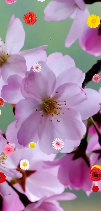 Cherry blossom wallpaper with pink flowers and colorful petals on a green background.