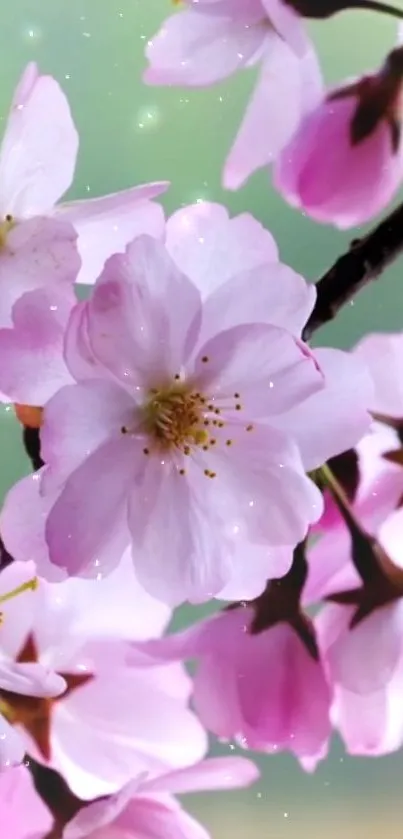 Cherry blossom wallpaper with pink flowers and green background.