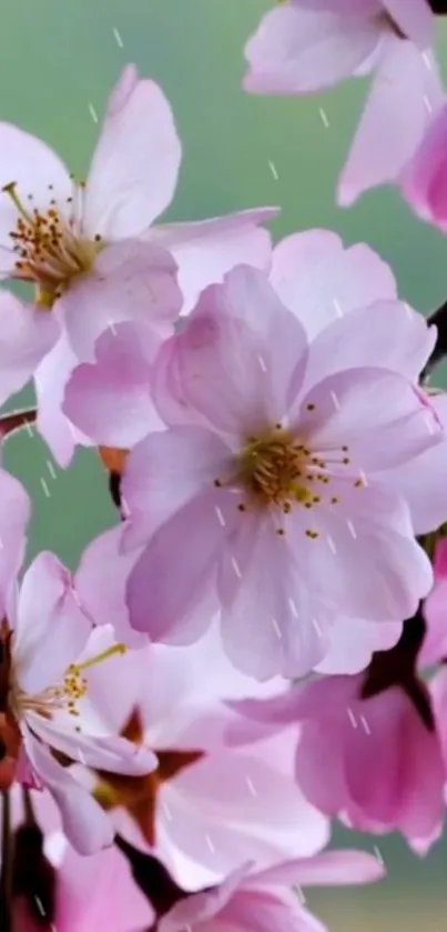 Cherry blossoms on branches with raindrops, pink and green colors.