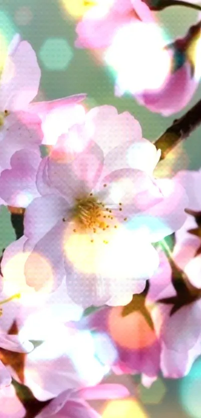 Vibrant cherry blossoms against a colorful background.