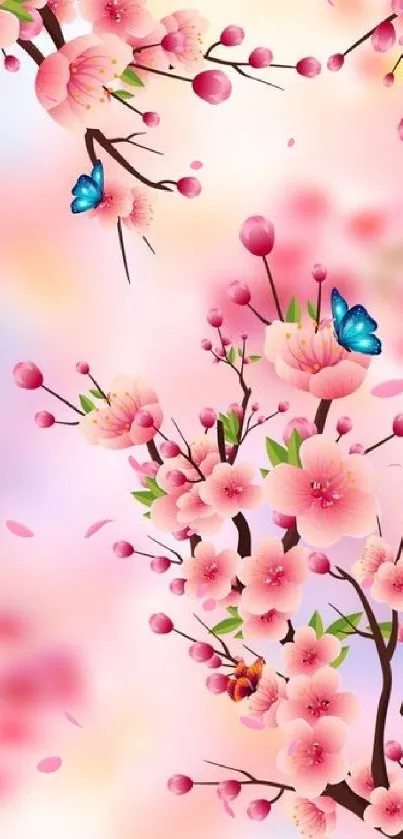 Vibrant cherry blossom phone wallpaper with pink flowers and butterflies.