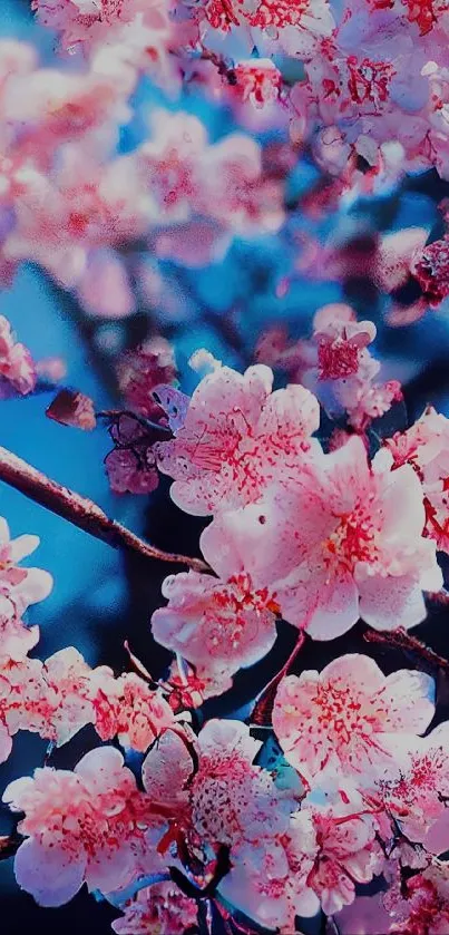 Pink cherry blossoms with blue backdrop.