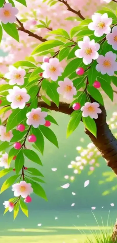 Cherry blossom tree with flowers and leaves in spring.