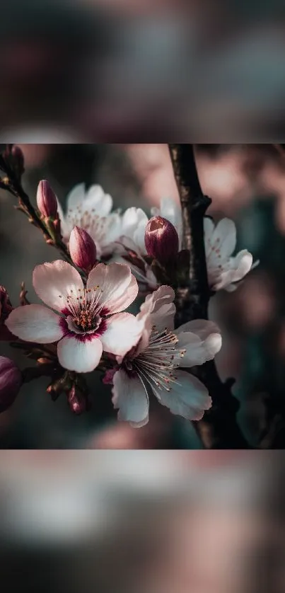 Stunning cherry blossom flowers on a mobile wallpaper with a moody background.