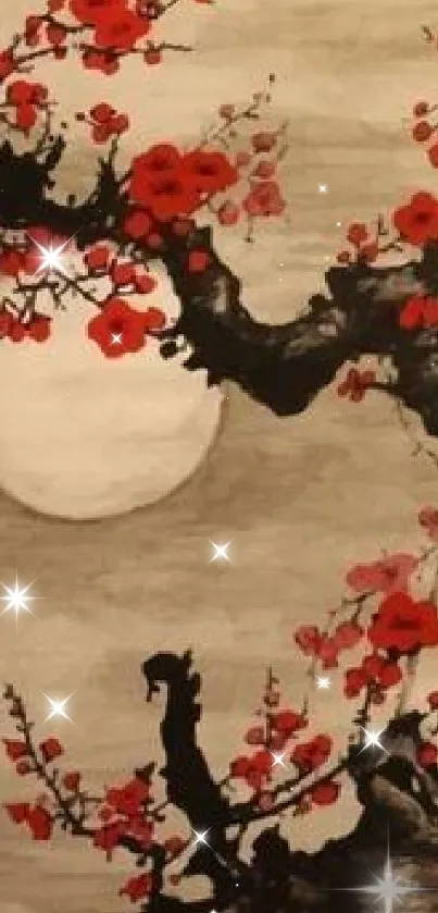 Japanese cherry blossom with moonlight in traditional style.