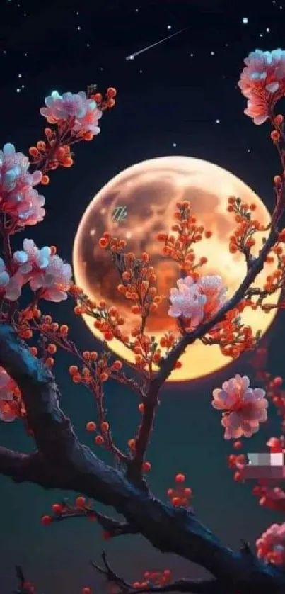 Cherry blossom branch illuminated by a glowing full moon at night.