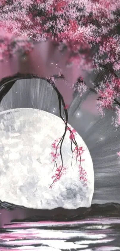 Moonlit cherry blossom tree with pink flowers over water.