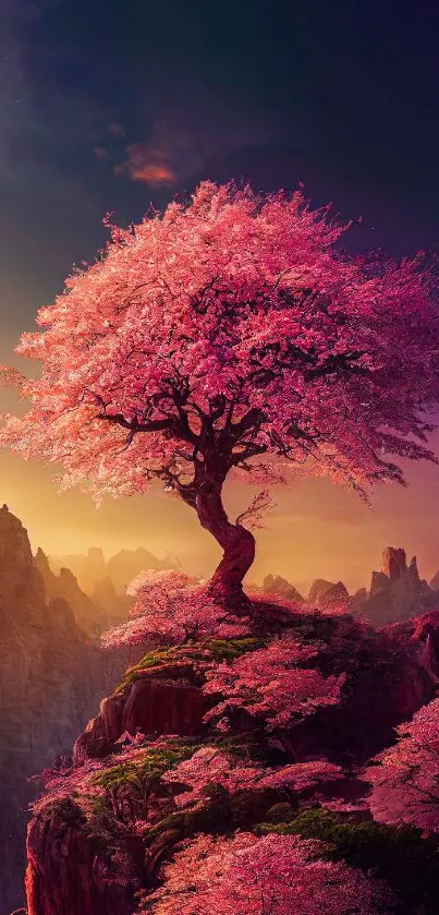 Cherry blossom tree on mountain at sunset.